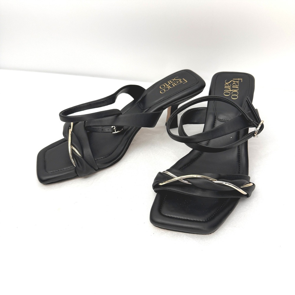 Franco Sarto Strappy Sandals Black Gold Hardware Square Toe Kitten Heel Dressy 9